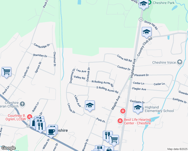 map of restaurants, bars, coffee shops, grocery stores, and more near 140 Belridge Road in Cheshire