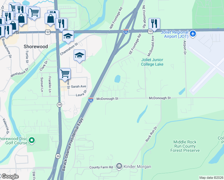 map of restaurants, bars, coffee shops, grocery stores, and more near 4392 Timber Ridge Court in Joliet