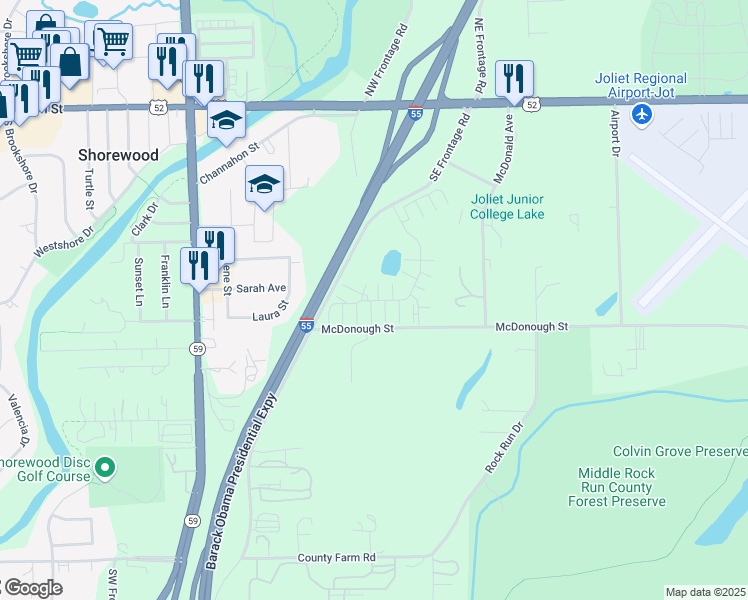 map of restaurants, bars, coffee shops, grocery stores, and more near 4362 Timber Ridge Court in Joliet