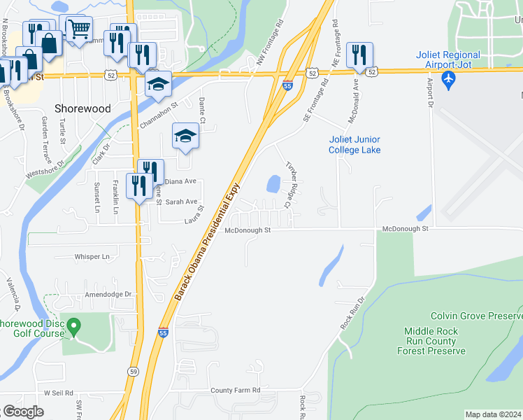 map of restaurants, bars, coffee shops, grocery stores, and more near 4364 Timber Ridge Court in Joliet