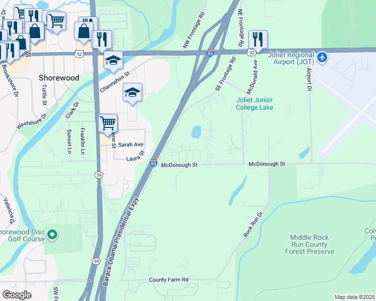 map of restaurants, bars, coffee shops, grocery stores, and more near 4340 Timber Ridge Court in Joliet