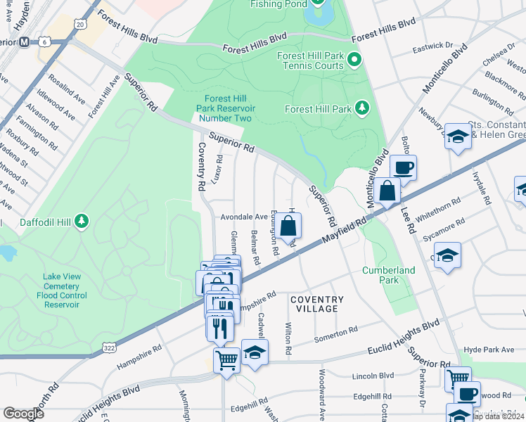 map of restaurants, bars, coffee shops, grocery stores, and more near 2863 Avondale Avenue in Cleveland Heights