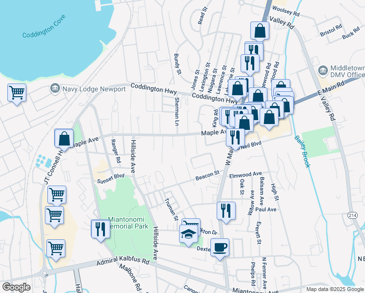 map of restaurants, bars, coffee shops, grocery stores, and more near 27 Sunset Lawn Road in Middletown