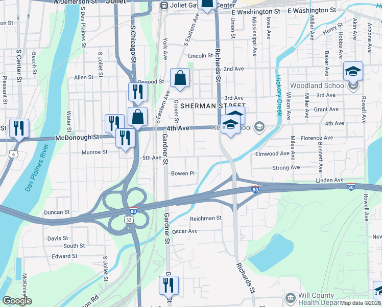 map of restaurants, bars, coffee shops, grocery stores, and more near 421 Sherman Street in Joliet