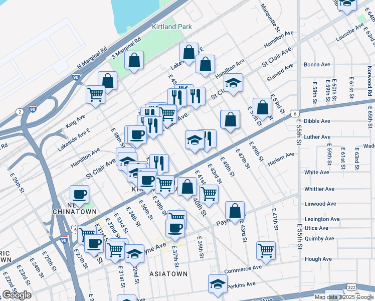 map of restaurants, bars, coffee shops, grocery stores, and more near 1419 East 41st Street in Cleveland