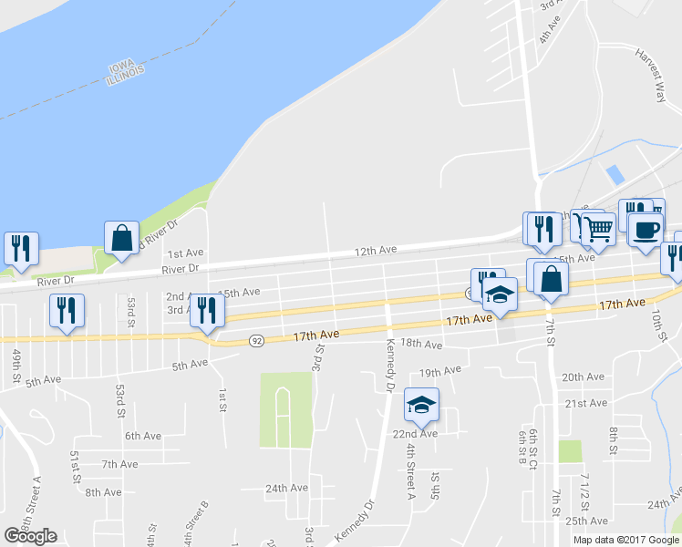 map of restaurants, bars, coffee shops, grocery stores, and more near 309 15th Avenue in East Moline