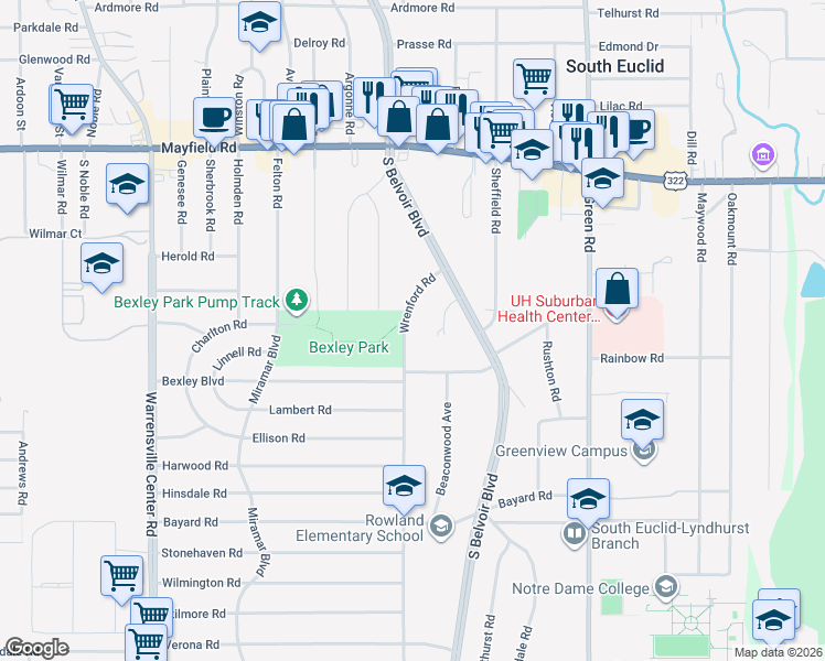 map of restaurants, bars, coffee shops, grocery stores, and more near 1635 Wrenford Road in South Euclid