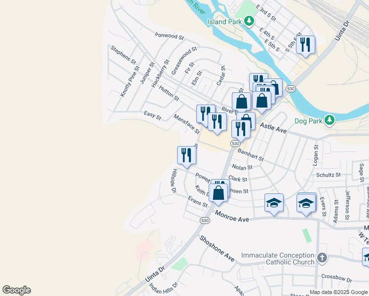 map of restaurants, bars, coffee shops, grocery stores, and more near 755 Wilkes Drive in Green River