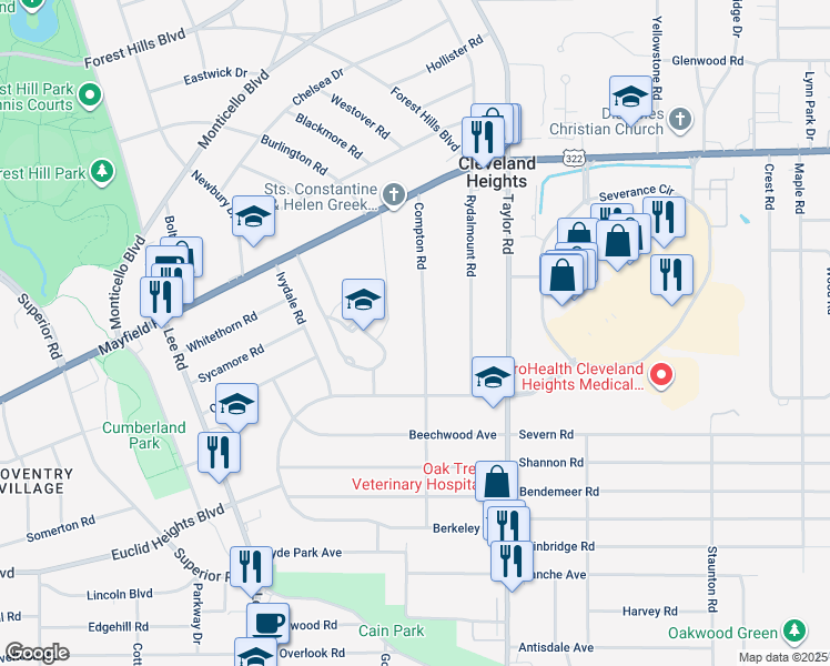 map of restaurants, bars, coffee shops, grocery stores, and more near 1616 Compton Road in Cleveland Heights