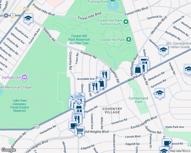 map of restaurants, bars, coffee shops, grocery stores, and more near 2863 Avondale Avenue in Cleveland Heights