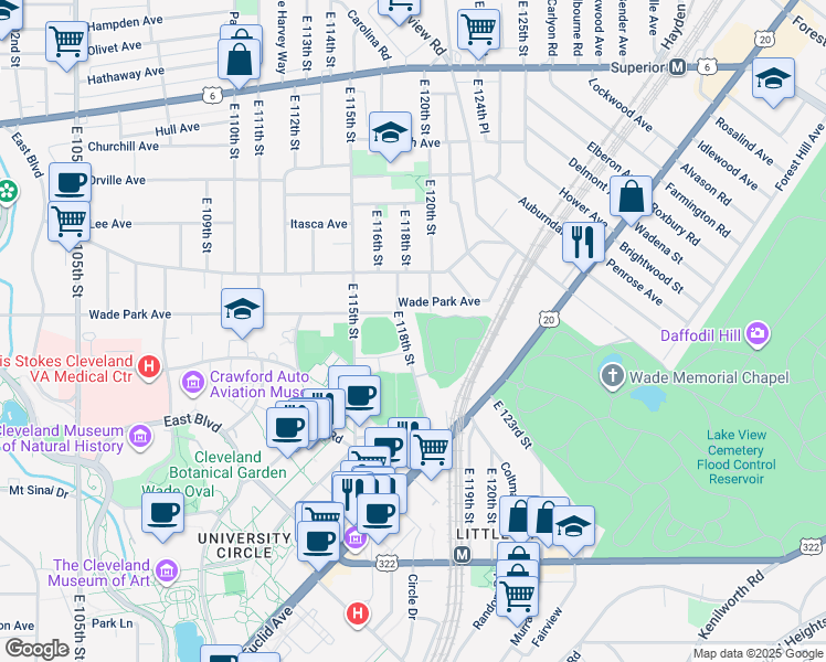 map of restaurants, bars, coffee shops, grocery stores, and more near 1561B East 118th Street in Cleveland