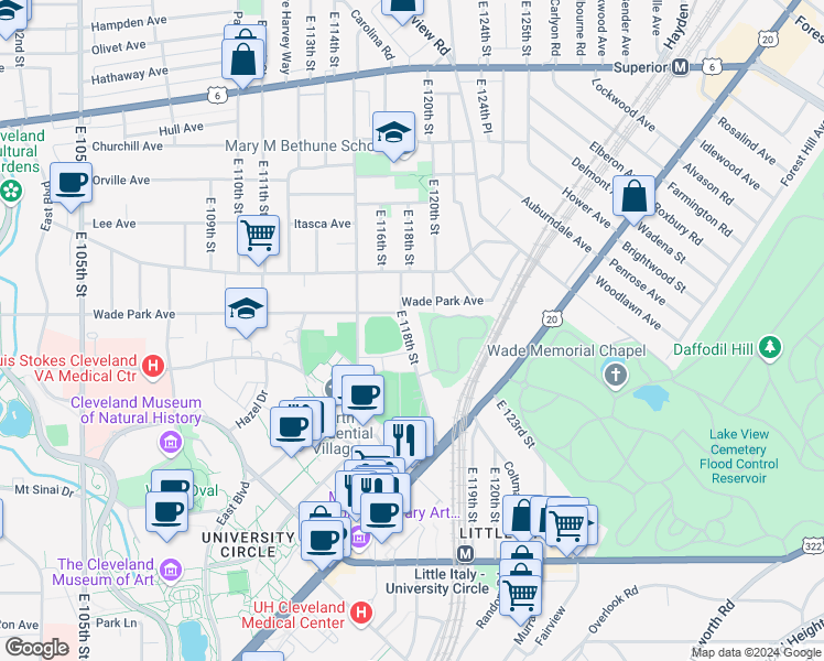 map of restaurants, bars, coffee shops, grocery stores, and more near 1561B East 118th Street in Cleveland