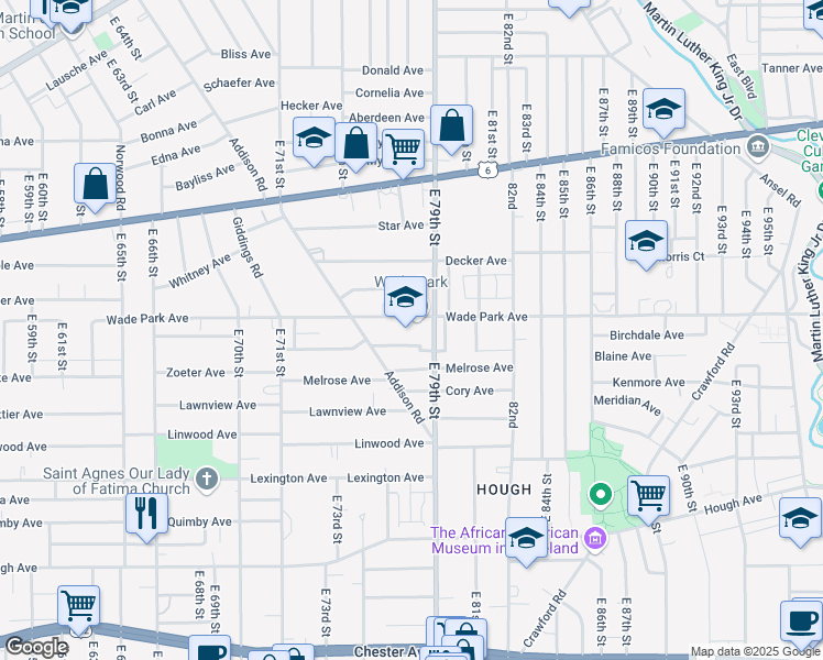 map of restaurants, bars, coffee shops, grocery stores, and more near 7600 Wade Park Avenue in Cleveland