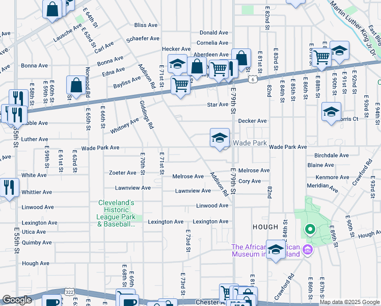 map of restaurants, bars, coffee shops, grocery stores, and more near 7400 Wade Park Avenue in Cleveland