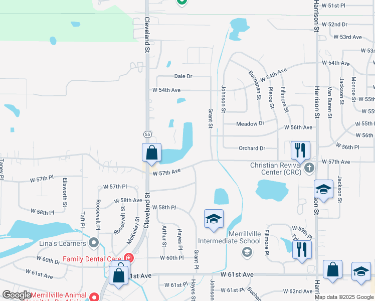 map of restaurants, bars, coffee shops, grocery stores, and more near 5640 Hayes Street in Merrillville