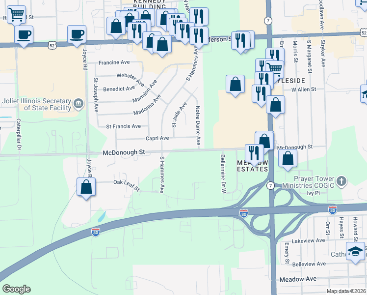 map of restaurants, bars, coffee shops, grocery stores, and more near 2017 McDonough Street in Joliet