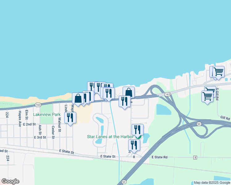 map of restaurants, bars, coffee shops, grocery stores, and more near 1803 East Perry Street in Port Clinton