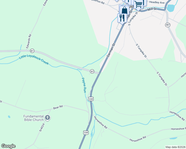 map of restaurants, bars, coffee shops, grocery stores, and more near 12000 Pennsylvania 87 in Dushore