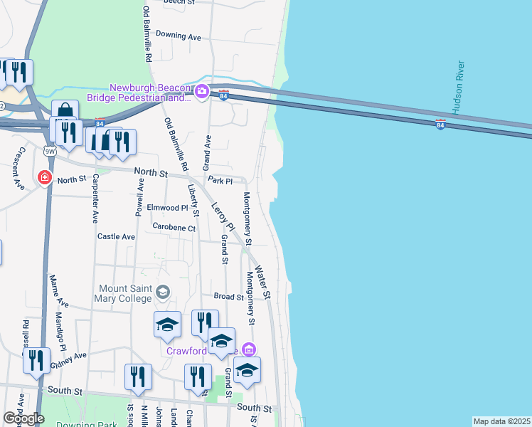 map of restaurants, bars, coffee shops, grocery stores, and more near 1 Park Place in Newburgh