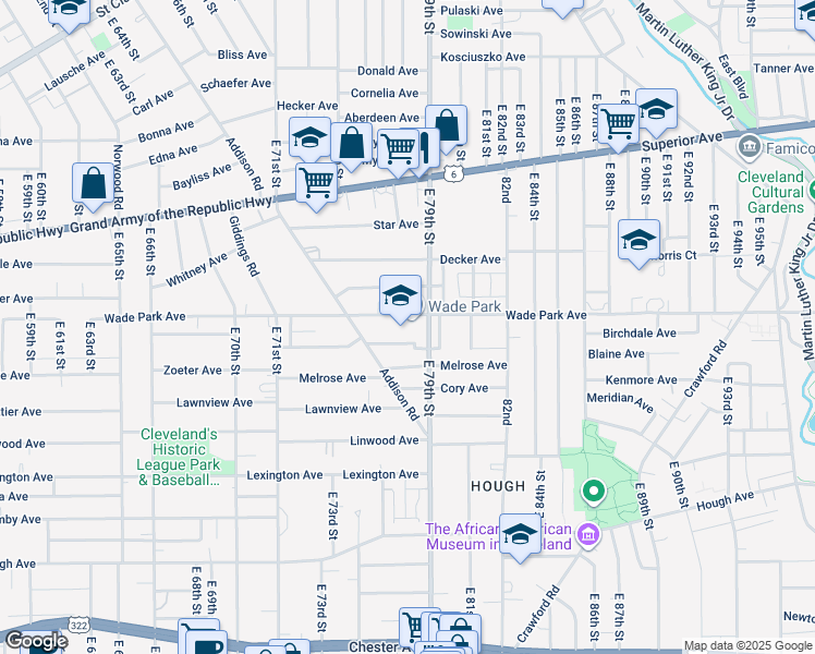 map of restaurants, bars, coffee shops, grocery stores, and more near 7600 Wade Park Avenue in Cleveland