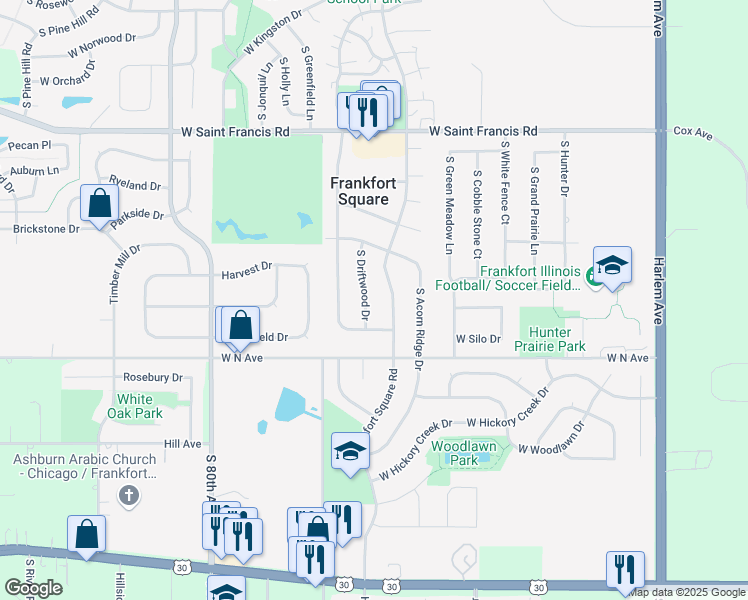 map of restaurants, bars, coffee shops, grocery stores, and more near 20561 South Driftwood Drive in Frankfort