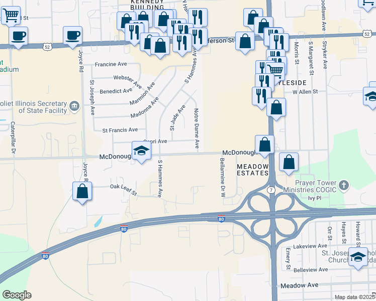 map of restaurants, bars, coffee shops, grocery stores, and more near 2009 McDonough Street in Joliet