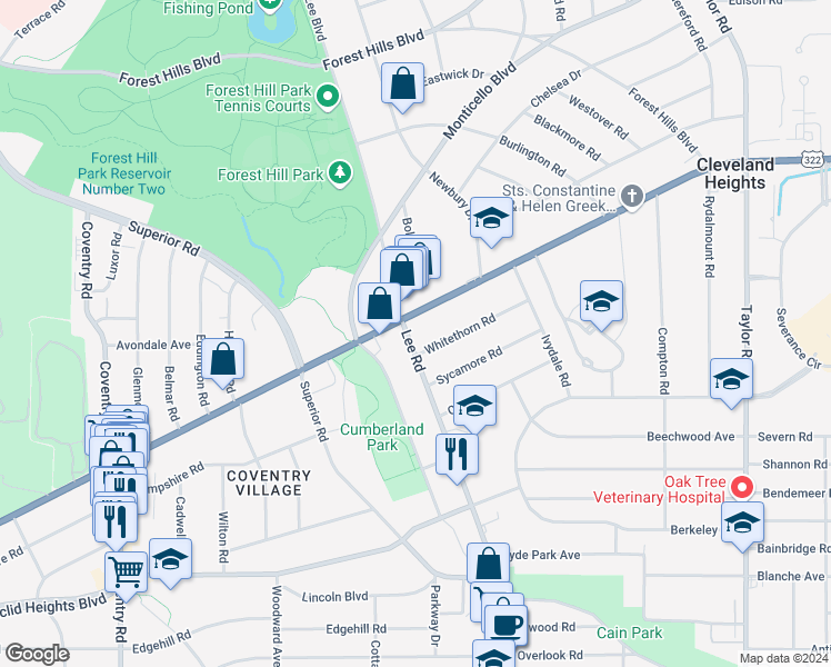 map of restaurants, bars, coffee shops, grocery stores, and more near 1633 Lee Road in Cleveland Heights