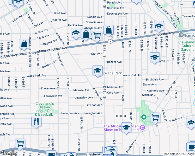 map of restaurants, bars, coffee shops, grocery stores, and more near 7600 Wade Park Avenue in Cleveland