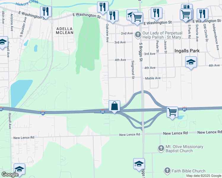 map of restaurants, bars, coffee shops, grocery stores, and more near 516 Oakview Avenue in Joliet