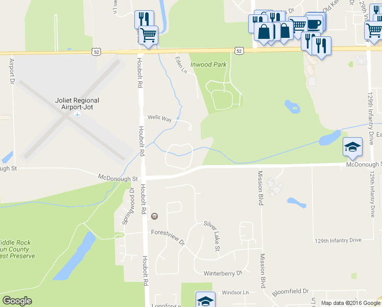 map of restaurants, bars, coffee shops, grocery stores, and more near 19 Coventry Chase in Joliet