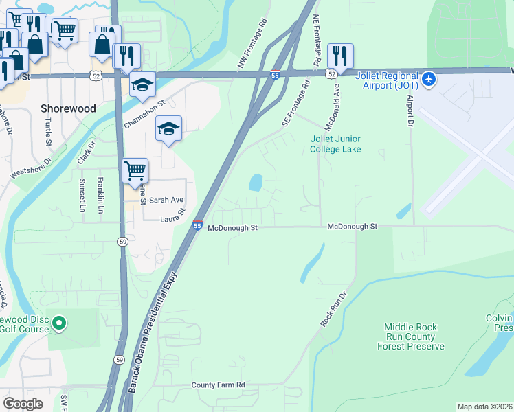 map of restaurants, bars, coffee shops, grocery stores, and more near 4325 Timber Ridge Court in Joliet