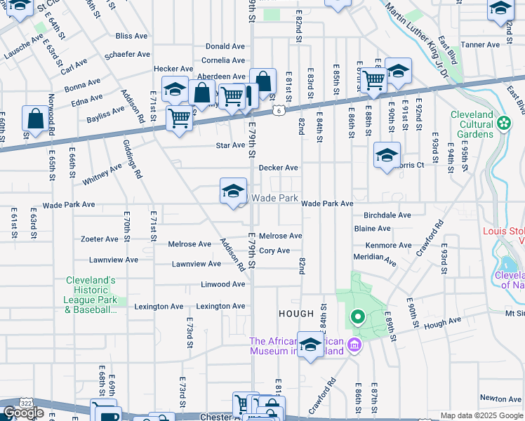 map of restaurants, bars, coffee shops, grocery stores, and more near 1507 East 80th Street in Cleveland