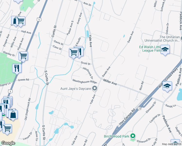 map of restaurants, bars, coffee shops, grocery stores, and more near 54 Hitchcock Drive in Meriden