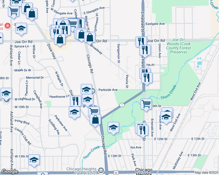 map of restaurants, bars, coffee shops, grocery stores, and more near 39 Parkside Ave in Chicago Heights