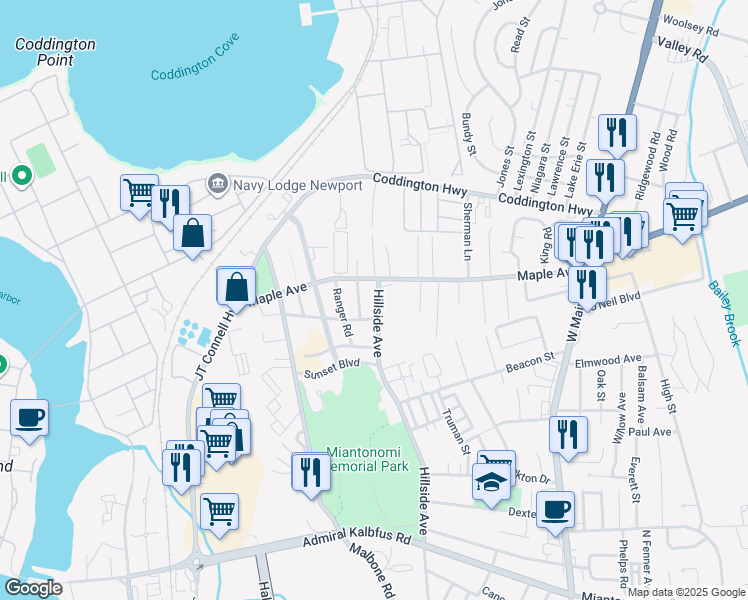 map of restaurants, bars, coffee shops, grocery stores, and more near 49 Sims Street in Newport