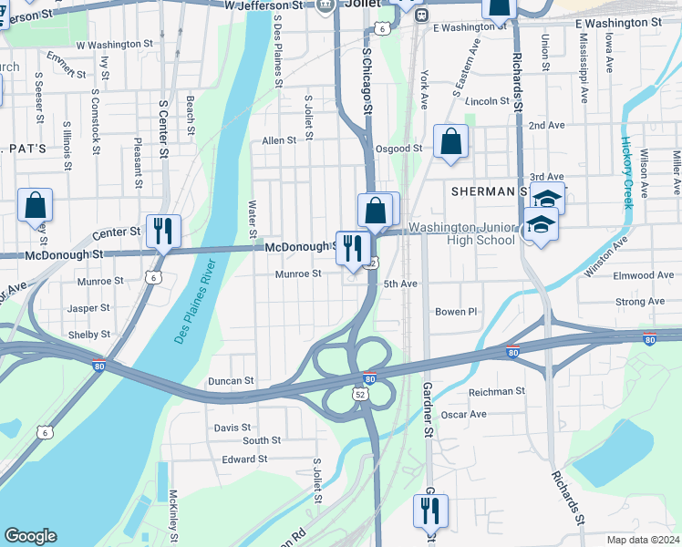 map of restaurants, bars, coffee shops, grocery stores, and more near 34 Munroe Street in Joliet