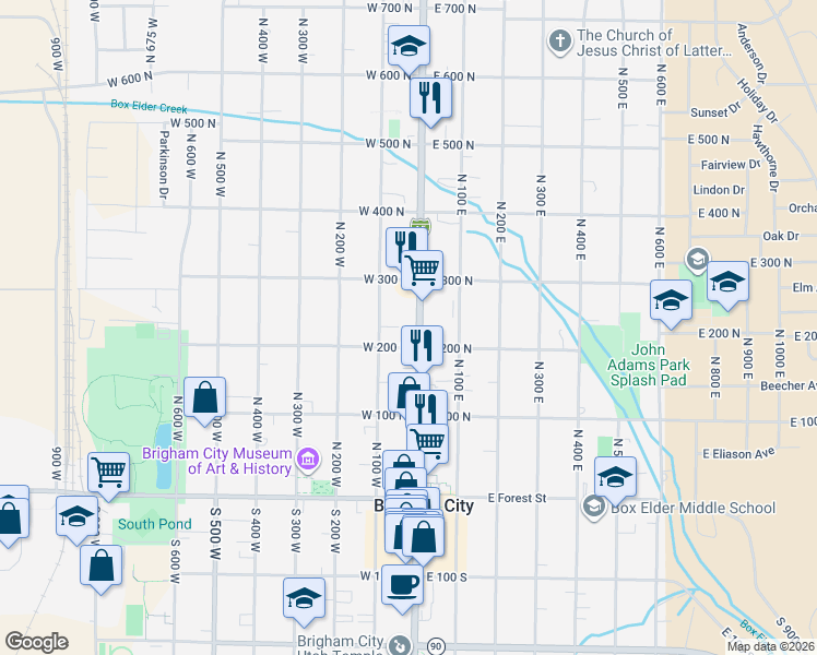 map of restaurants, bars, coffee shops, grocery stores, and more near 225 North Main Street in Brigham City