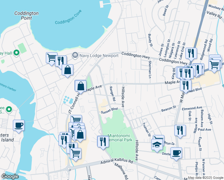 map of restaurants, bars, coffee shops, grocery stores, and more near 12 Ranger Road in Newport