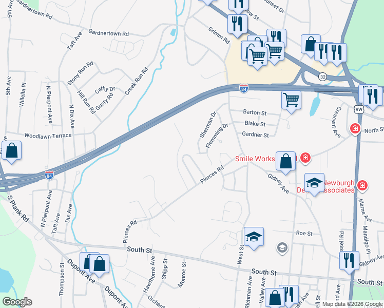 map of restaurants, bars, coffee shops, grocery stores, and more near 14 Williamsburg Drive in Newburgh