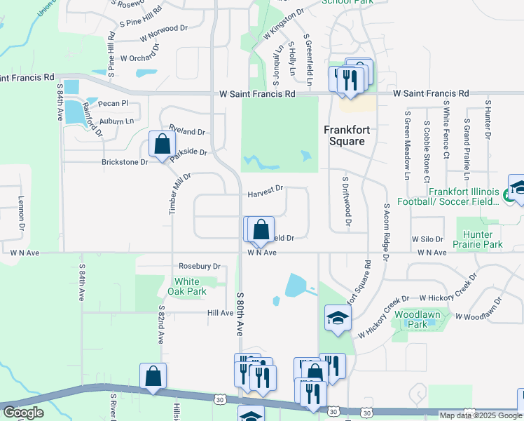 map of restaurants, bars, coffee shops, grocery stores, and more near 7930 Farmhouse Road in Frankfort