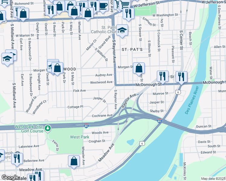 map of restaurants, bars, coffee shops, grocery stores, and more near 403 South Raynor Avenue in Joliet