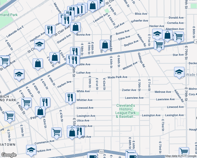 map of restaurants, bars, coffee shops, grocery stores, and more near 1407 East 61st Street in Cleveland