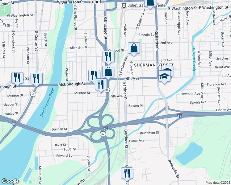 map of restaurants, bars, coffee shops, grocery stores, and more near 418 South Eastern Avenue in Joliet