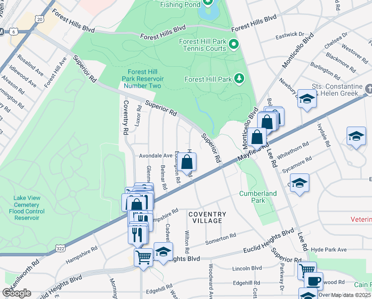 map of restaurants, bars, coffee shops, grocery stores, and more near 1612 Hillcrest Rd in Cleveland Heights
