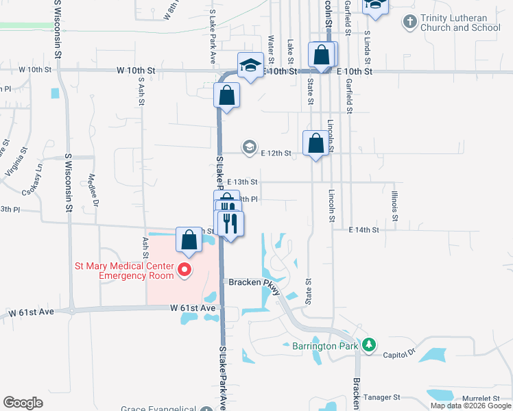 map of restaurants, bars, coffee shops, grocery stores, and more near 127 E 13th Pl in Hobart