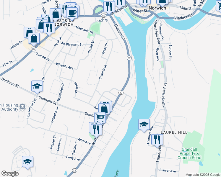 map of restaurants, bars, coffee shops, grocery stores, and more near 5 Woodmansee Avenue in Norwich