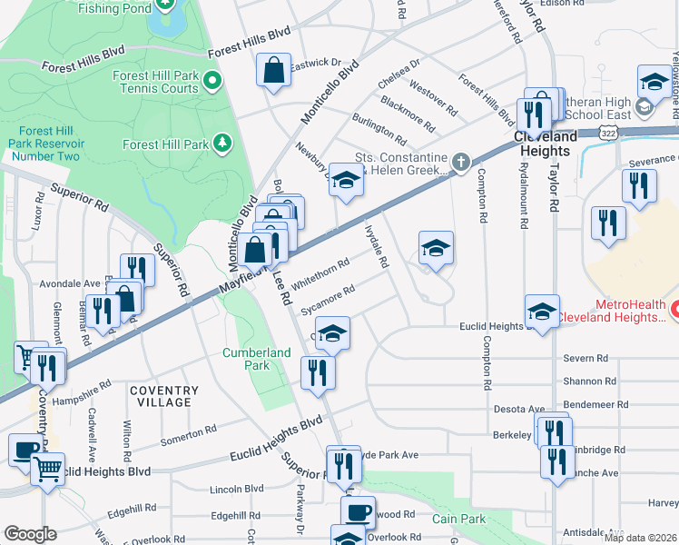 map of restaurants, bars, coffee shops, grocery stores, and more near 3186 Whitethorn Road in Cleveland Heights