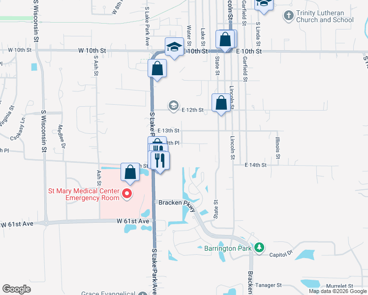 map of restaurants, bars, coffee shops, grocery stores, and more near 127 East 13th Place in Hobart