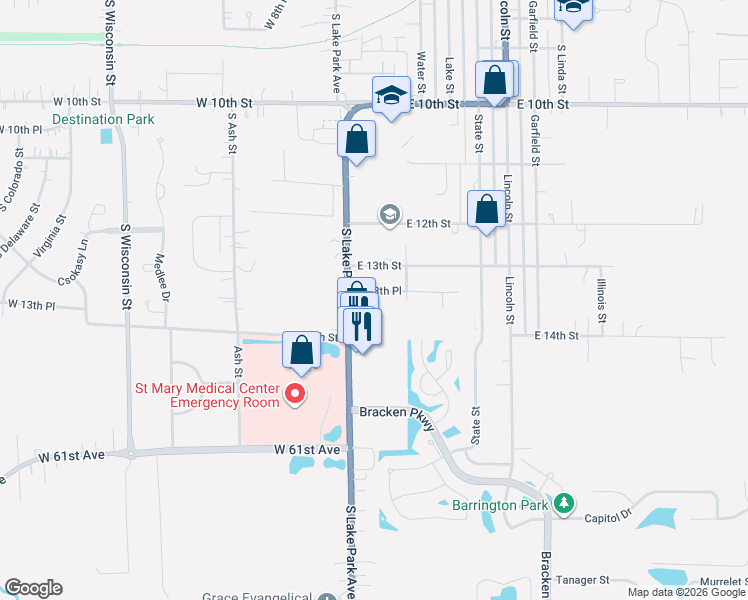 map of restaurants, bars, coffee shops, grocery stores, and more near 107 East 13th Place in Hobart