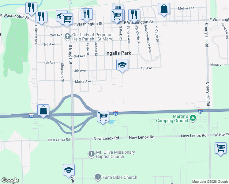 map of restaurants, bars, coffee shops, grocery stores, and more near 426 Ray May Drive in Joliet